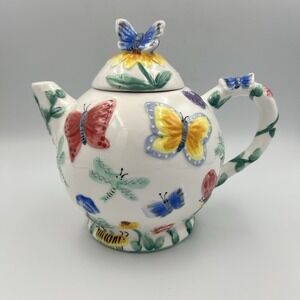 Vintage 90s Flowers Inc Butterfly Hand Painted Teapot Ceramic Dragonfly Floral